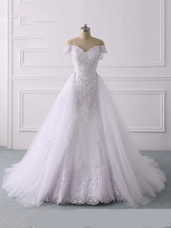 Glamorous Off-the-Shoulder Lace Tulle Mermaid Wedding Dresses Tough Women's Military - inspired
