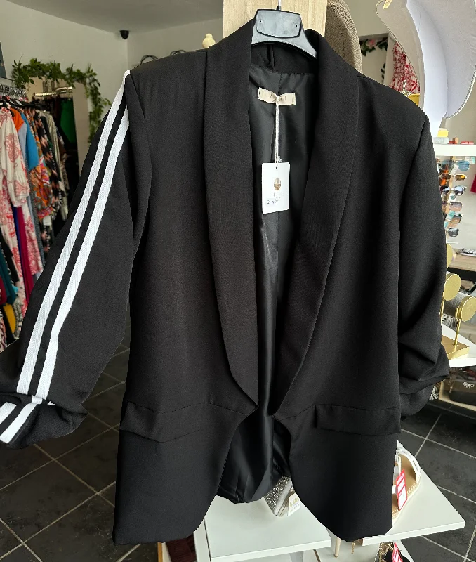 Black ruched sleeve blazer with two white stripes Luxurious Women's High -  end