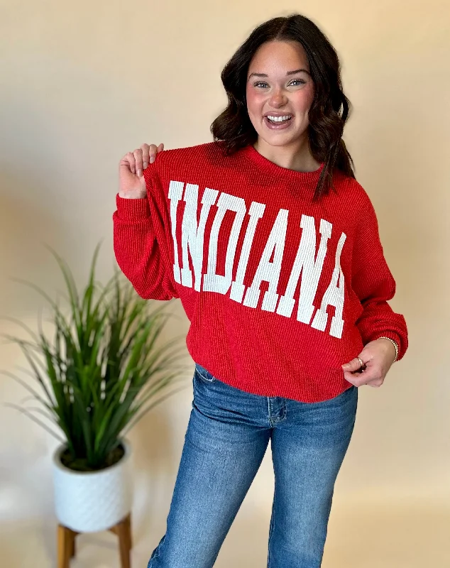 Red Ribbed Indiana Crewneck Sleek Women's Metallic