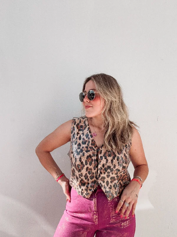 Leopard Sequin Vest Traditional Women's Wool