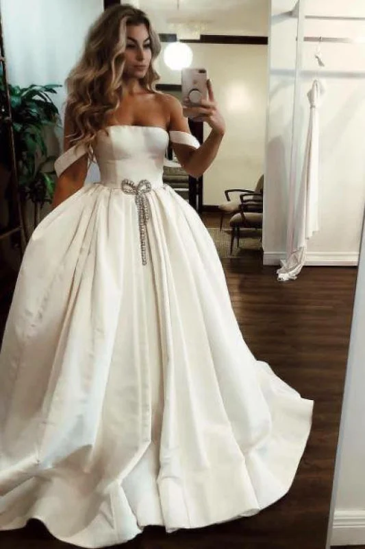 Puffy Off the Shoulder Satin Long with Pockets Simple Wedding Dress