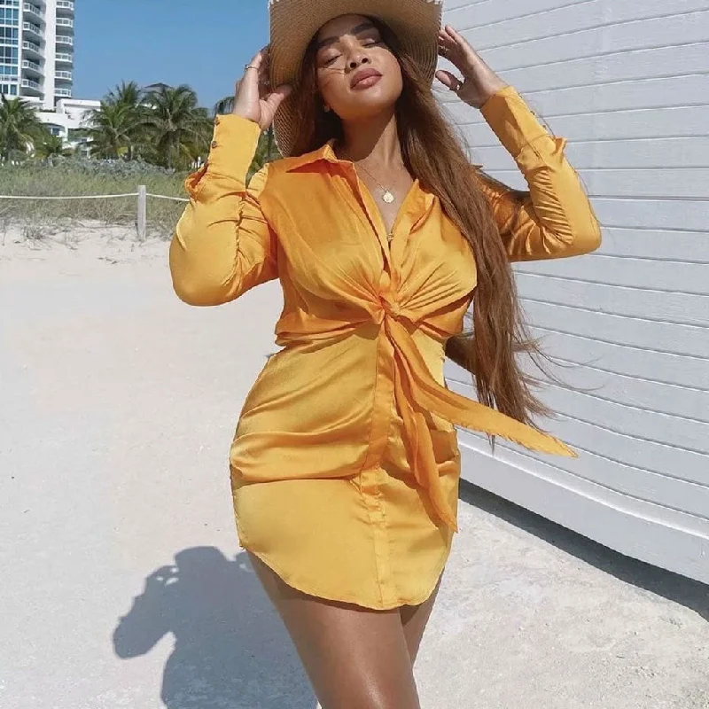 BerryBetty - V Neck Knotted Long Sleeve Satin Shirt Mini Dress - Gold Sleek Women's 