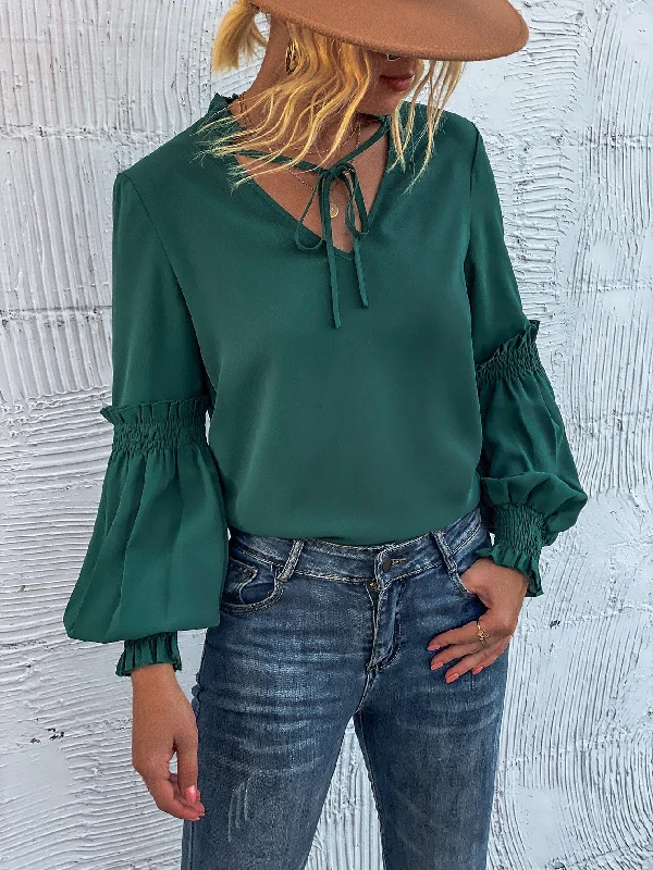 Elegant Plain Tie Front Long Sleeve Tie Neck Regular Blouse Adventure
