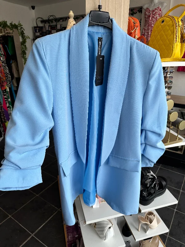 Ruched sleeve open blazer - sky blue Bold Women's Statement