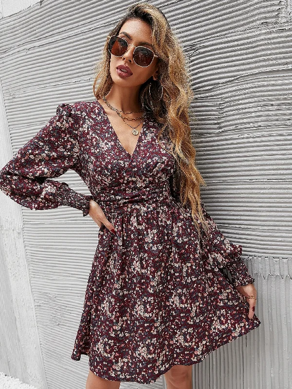 Ditsy Floral Shirred Long Sleeve V Neck Flared High Waist Short Dress