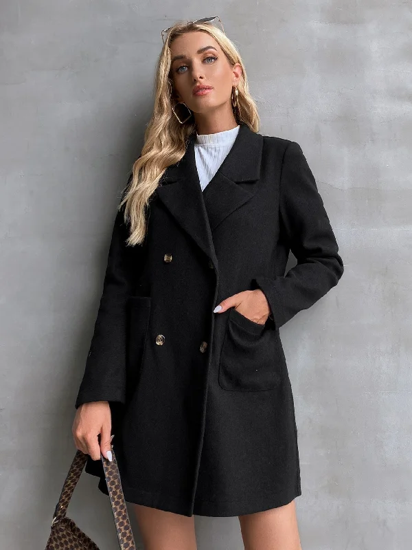Plain Double Button Long Sleeve Lapel Short Women Overcoat French
