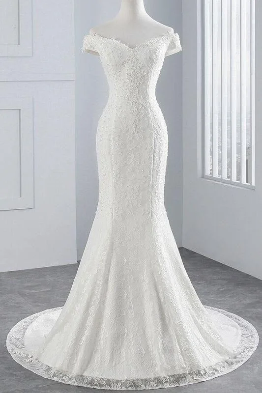 Bridelily Off Shoulder Lace-up Mermaid Lace Wedding Dress Polished Women's Silk