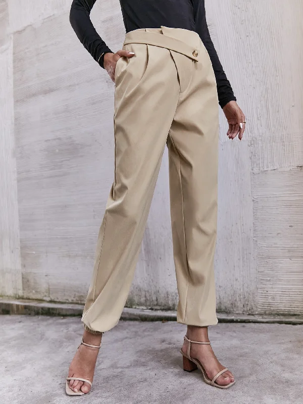 Casual Plain Button High Waist Cropped Women Pants Sleek Women's Metallic