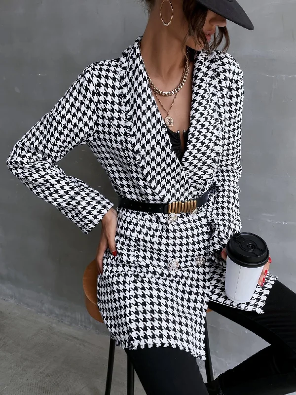 Houndstooth Double Button Long Sleeve Shawl Collar Short Women Overcoat Trendy Women's Houndstooth Double Button Long Sleeve Shawl Collar Short Women Overcoat Trendy Women's