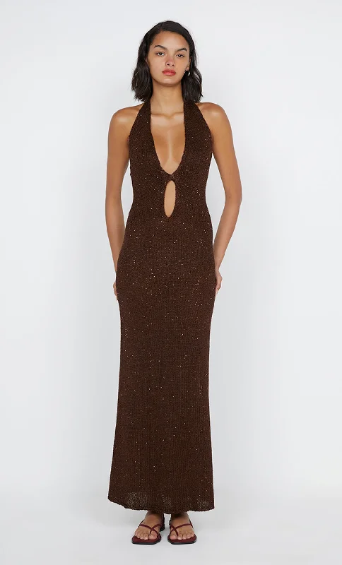 DELFINA SEQUIN HALTER MIDI DRESS - CHOCOLATE garde