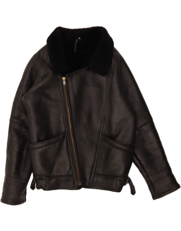 VINTAGE Womens Oversized Shearling Jacket IT 42 Medium Black Sheepskin Laid - back Women's Vibe