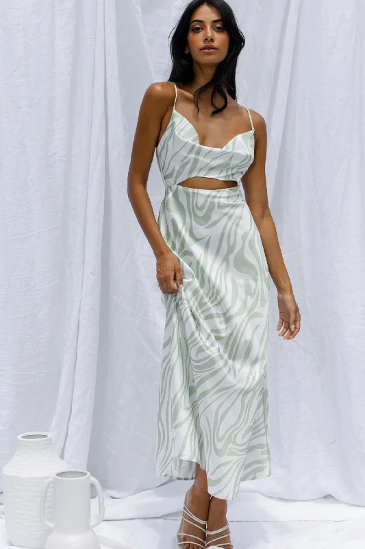 Jasper Cowl Neck Cut-Out Drawstring Back Midi Dress Zebra Print Lime Hip Women's Urban