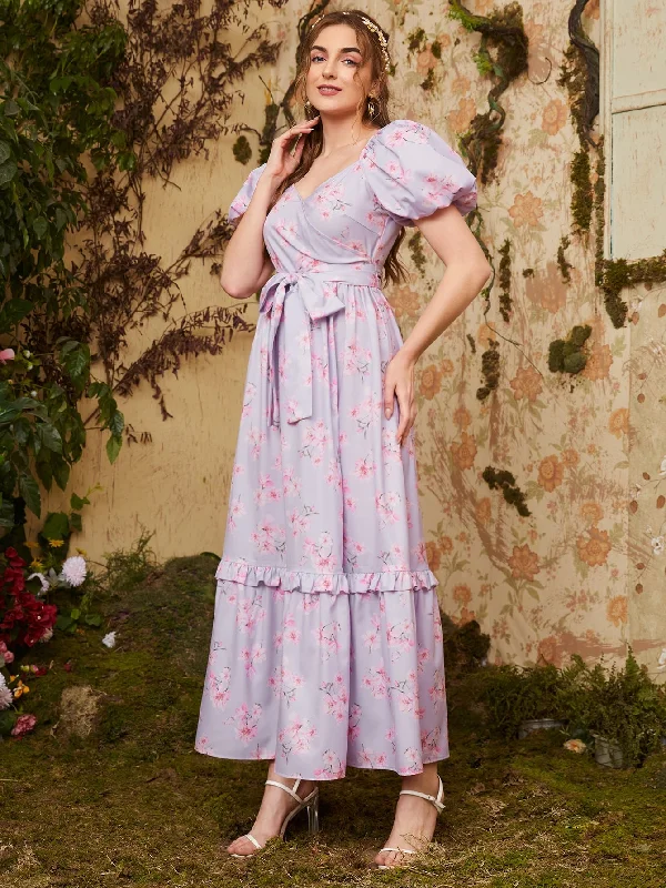 Floral Belted Short Sleeve Sweetheart Flounce High Waist Maxi Dress