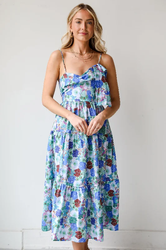 FINAL SALE - Favorite RSVP Blue Floral Tiered Midi Dress Luxurious Women's High -  end