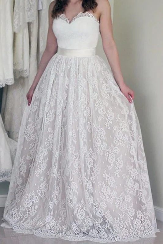 A Line Sweetheart Strapless Lace Wedding Dress