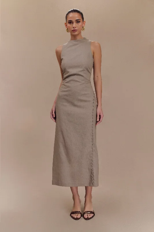 Bronte Linen Button Midi Dress - Pebble Unique Women's Upcycled