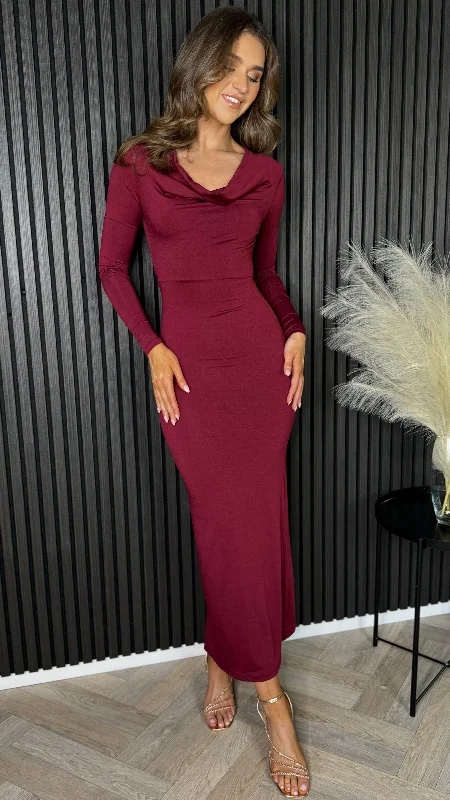 Alisha Burgundy Cowl Neck Long Sleeve Midi Dress Monochromatic Office Style