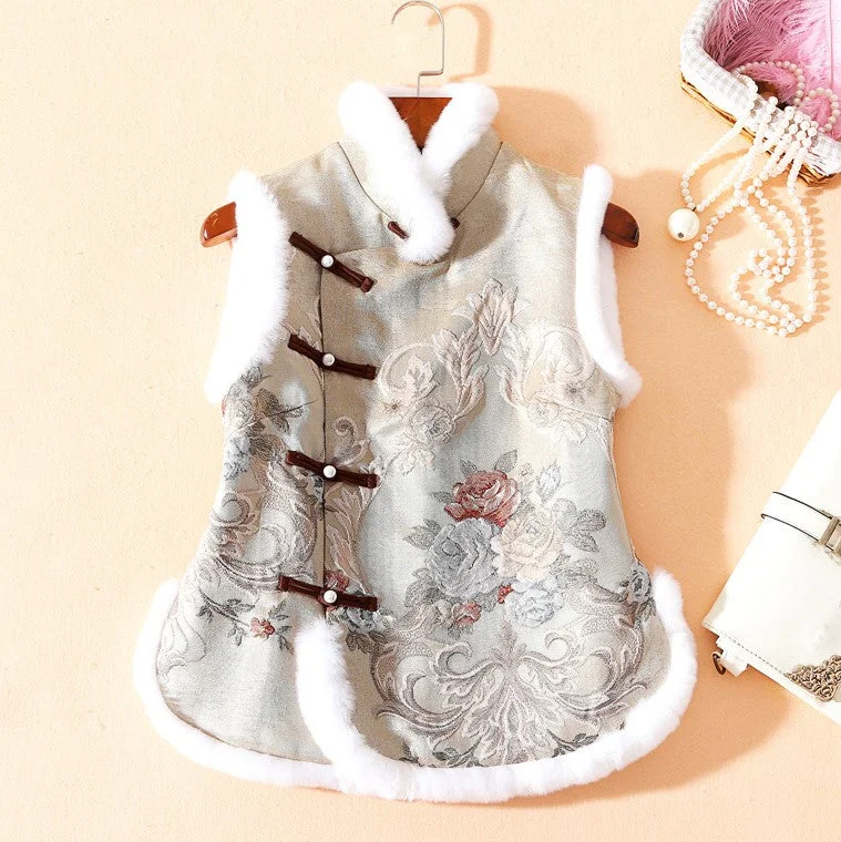 Floral Brocade Fur Collar & Cuff Chinese Style Thick Waistcoat Vest Bohemian Women's Free Floral Brocade Fur Collar & Cuff Chinese Style Thick Waistcoat Vest Bohemian Women's Free