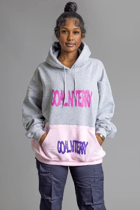 浅灰色和粉色拼布喷雾连帽衫 Trendy Women's Oversized