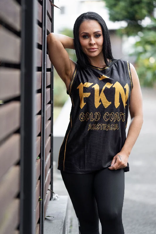 FKN GOLD | Women's Gym Training Basketball Jersey | Black & Gold Feminine Women's Soft 