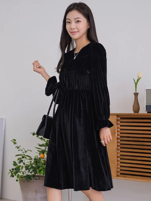 Plain Long Sleeve Round Neck Flared High Waist Knee Length Dress Geometric
