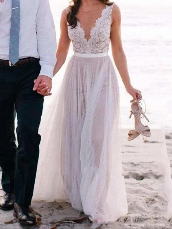 V Neck A-Line Long Tulle Wedding Dresses With Lace Top Disco