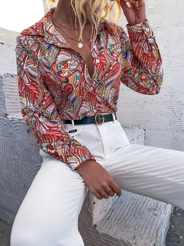 Boho Paisley Button Front Long Sleeve Collar Long Blouse Hip Women's Urban