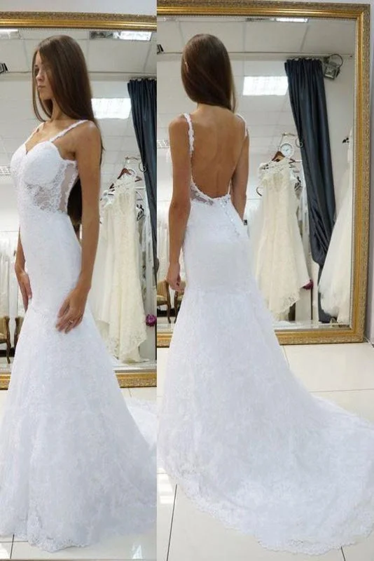 White Straps Open Back Lace Sweetheart Customized Wedding Dress