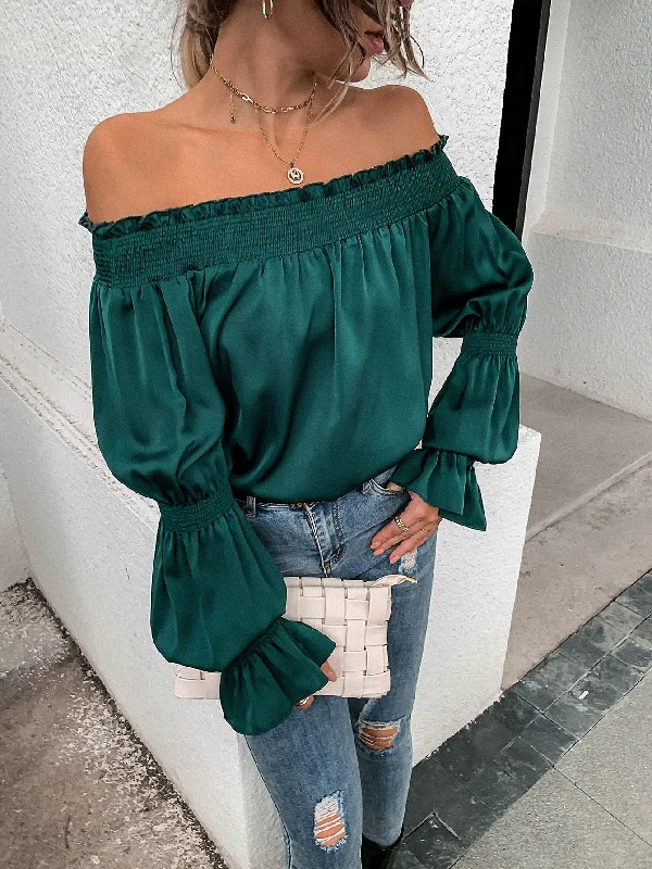Elegant Plain Shirred Long Sleeve Off The Shoulder Long Blouse Classic Women's Tweed