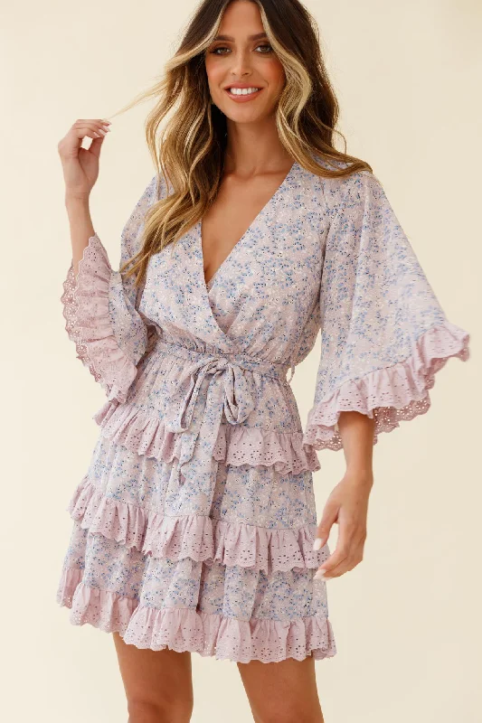 Tulsa 3/4 Sleeve Waist Tie Frill Dress Floral Print Pink