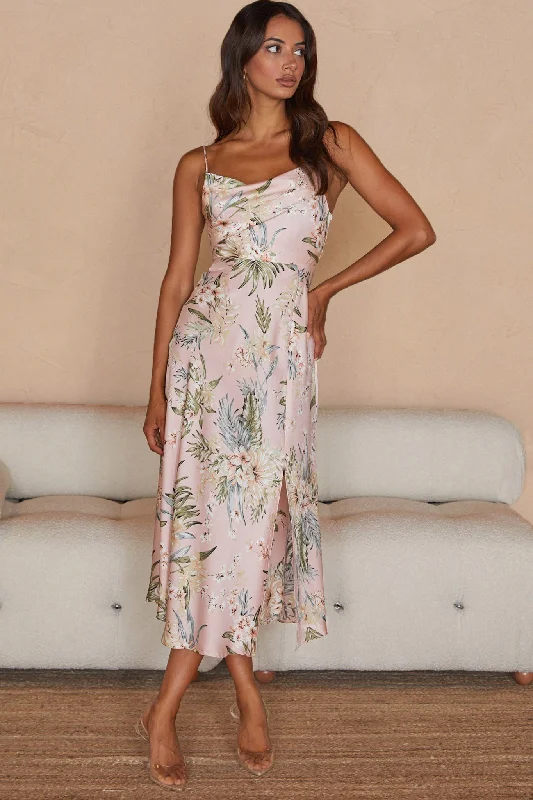 Suki Front Split Midi Dress Tropical Floral Print Pink Classic Women's Pin - striped Suki Front Split Midi Dress Tropical Floral Print Pink Classic Women's Pin - striped