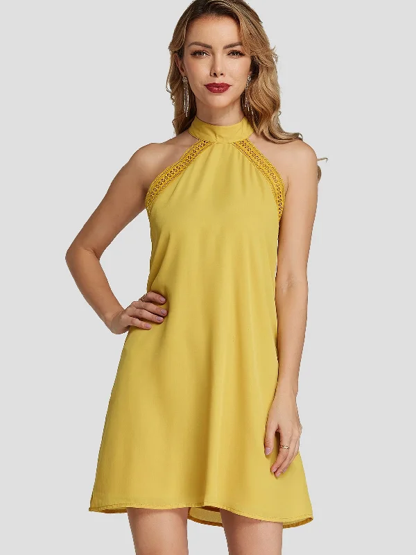 Wholesale Yellow Halter Sleeveless Plain Zip Back Self-Tie Mini Dresses Youthful Women's Pop Wholesale Yellow Halter Sleeveless Plain Zip Back Self-Tie Mini Dresses Youthful Women's Pop