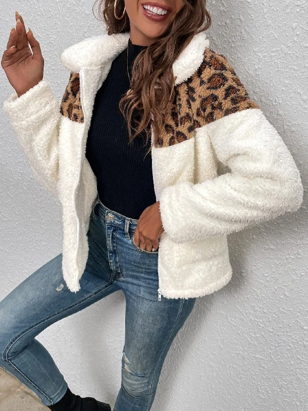 Casual Leopard Zipper Long Sleeve Collar Regular Women Coat Polished Women's Silk