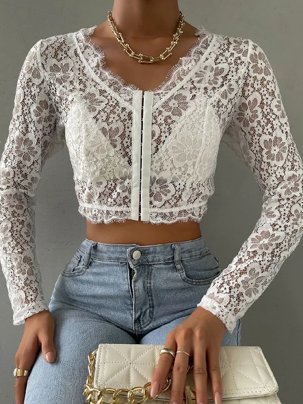 Sexy Plain Sheer Long Sleeve V Neck Crop Women Top Women