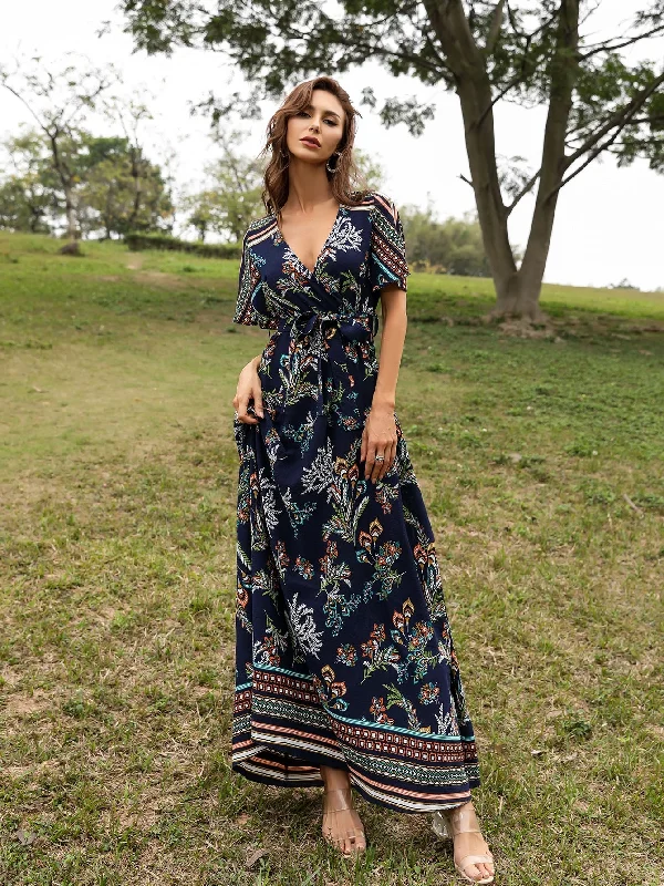 Plants Belted Short Sleeve Deep V Neck Flared High Waist Maxi Dress