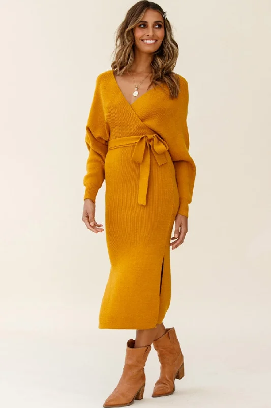 Cameo Batwing Knit Midi Dress Mustard Women