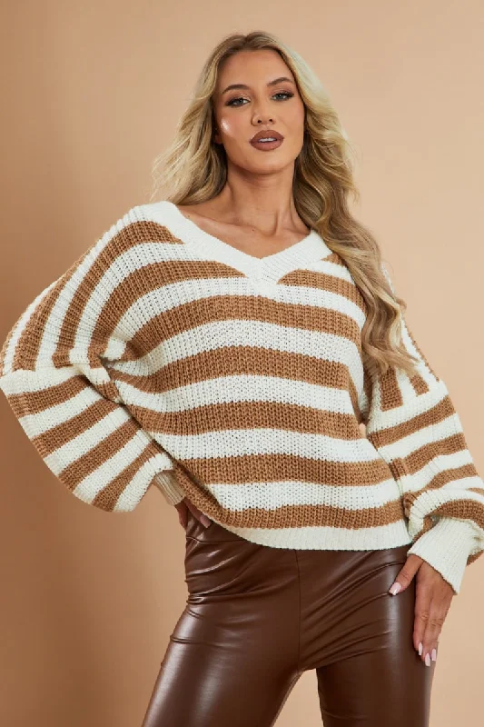 Camel Striped Chunky Knit Oversized Cardigan - Pedra