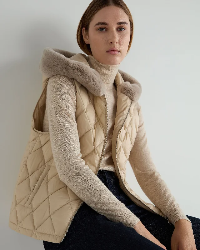 Women's Down Gilet With Fur Ecru White Preppy Women's College