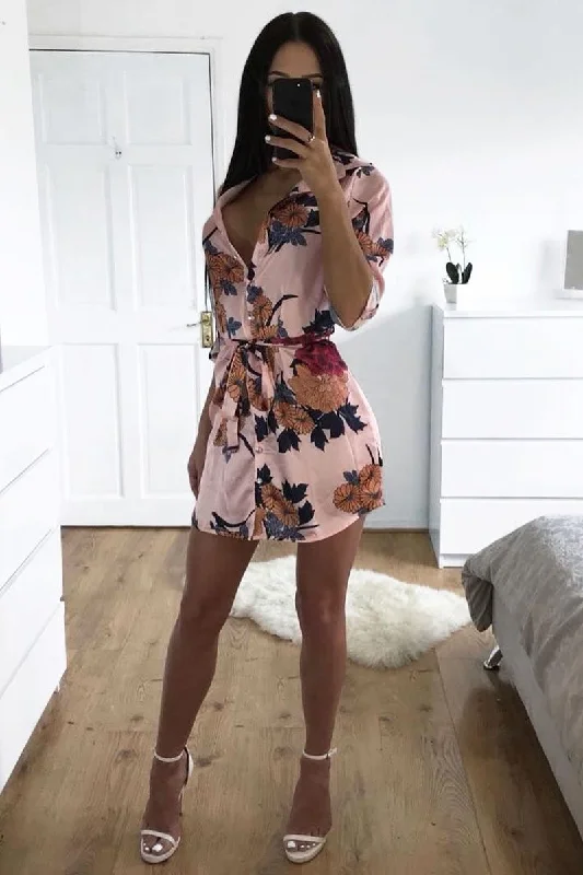 Rose Floral Satin Shirt Tie Dress - Sophina Feminine Women's Soft 