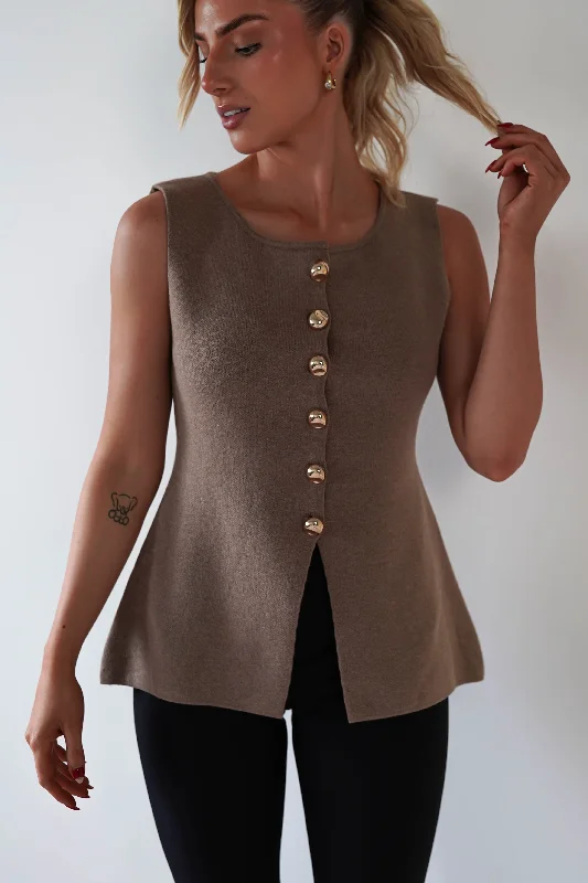 Louella Gold Button Waistcoat Top | Brown