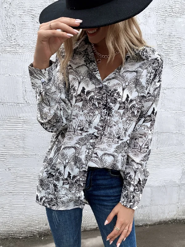 Casual Tropical Button Front Long Sleeve Collar Long Blouse Confident Women's Power