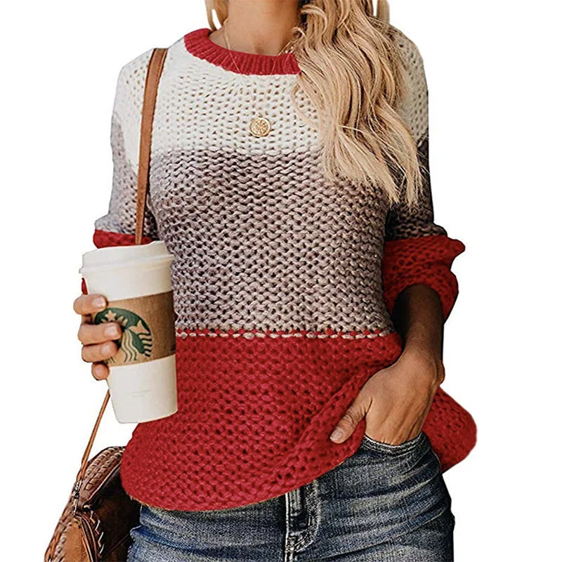 Casual Chunky Line Colorblock Pullover Sweater Wholesale Womens Tops