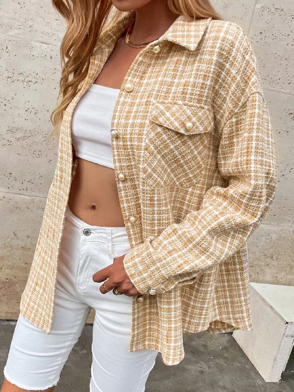 Plaid Pocket Long Sleeve Collar Short Women Overcoat Australian Beach