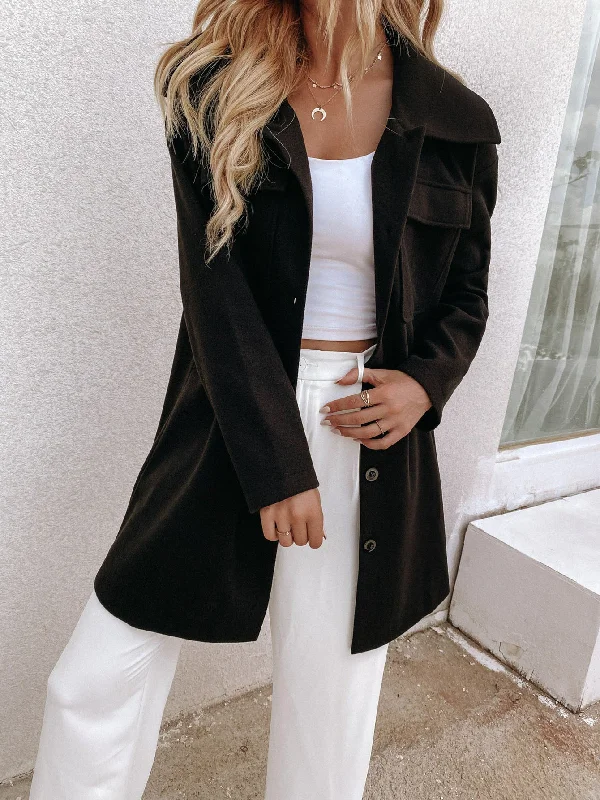 Plain Pocket Long Sleeve Collar Short Women Overcoat Relaxed Women's 