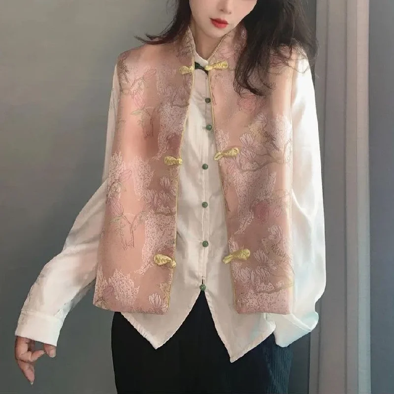 Mandarin Collar Floral Embroidery Brocade Chinese Style Waistcoat Vest Refined Women's Classic Mandarin Collar Floral Embroidery Brocade Chinese Style Waistcoat Vest Refined Women's Classic