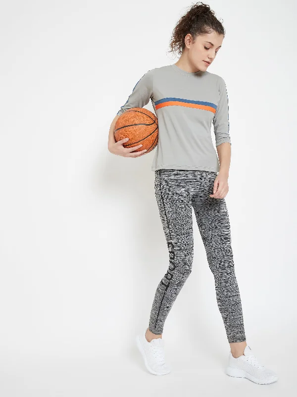 JUMP USA Striped Women Round Neck Grey T-Shirt