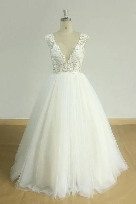 Bridelily Graceful Open Back Lace Tulle A-line Wedding Dress