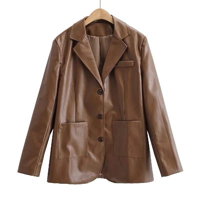 Temperament Commuting Light Cooked Wind Big Pocket Faux Leather Suit Jacket Sophisticated Women's Tailored