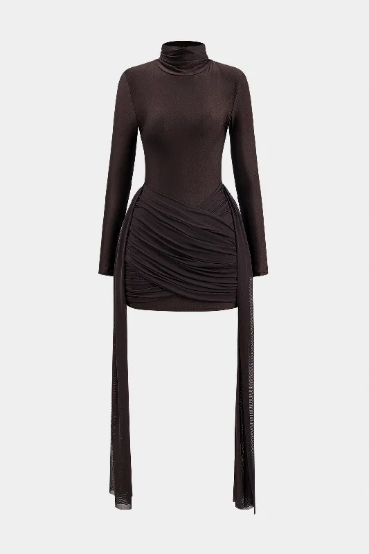 Mesh Ruched Mock Neck Long Sleeve Mini Dress Sporty Women's Tennis