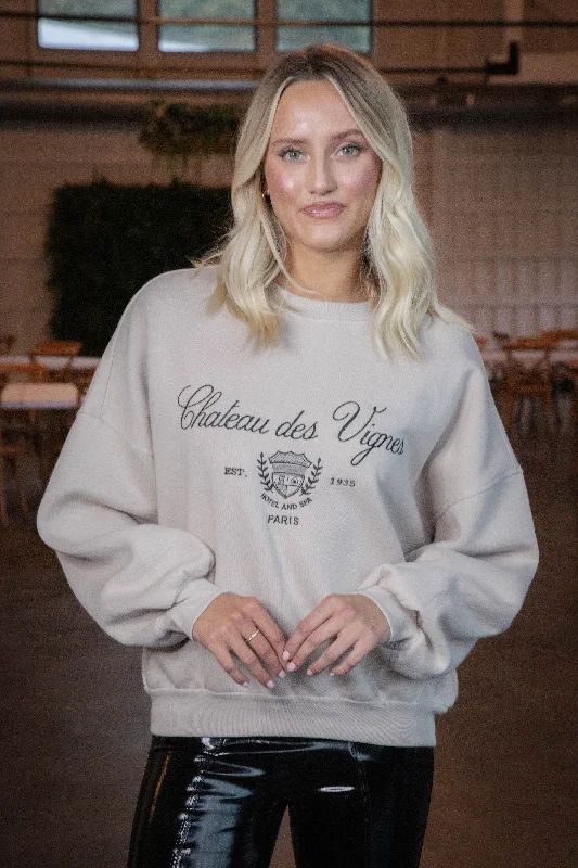 Paris Embroidered Crew Neck Sweatshirt, Khaki Youthful Women's Anime - inspired